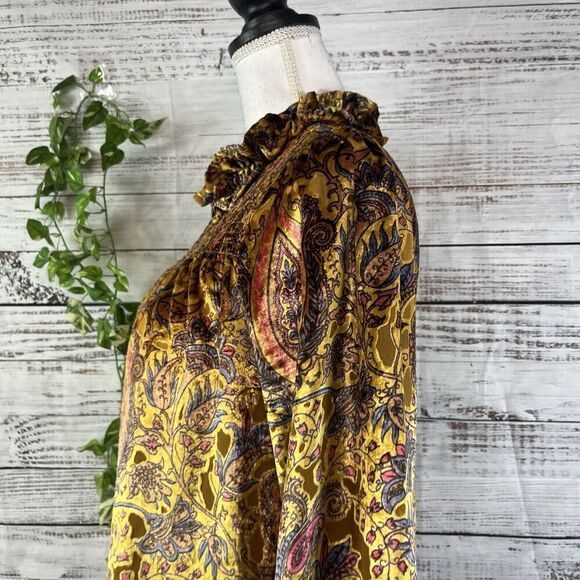 Ivy Jane Blouse Top size Extra Small Gold Blue Paisley Velour Smocking Peasant - Picture 9 of 13